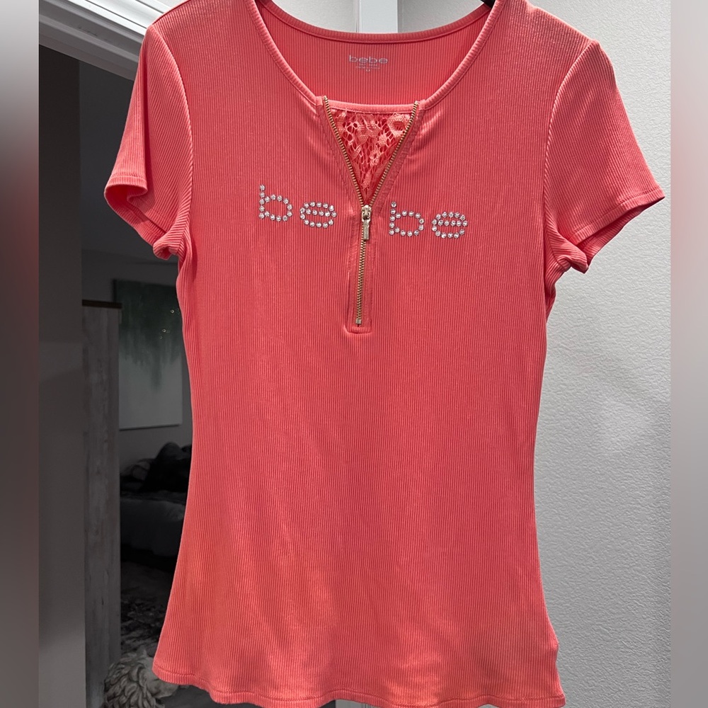 Bebe Coral/Pink Short Sleeve Tee with Zipper